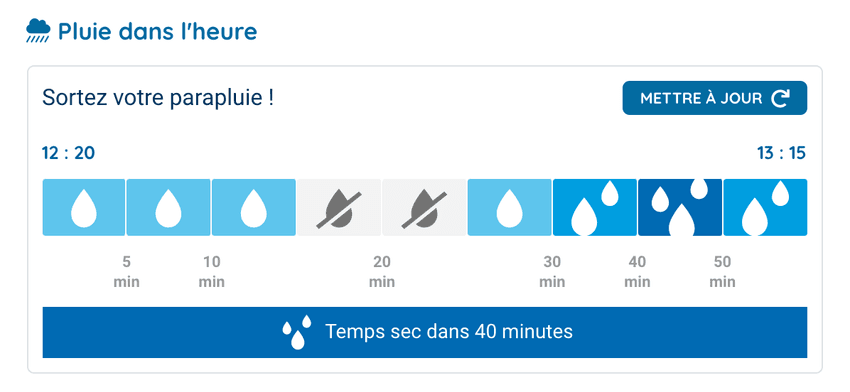 A UI component, by Météo France, showing the rain forecast for the next hour