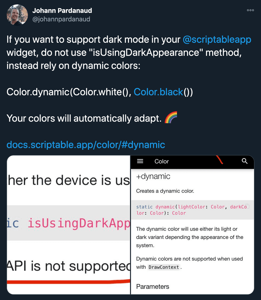A tweet of my own showing how to handle dark mode with dynamic colors in Scriptable