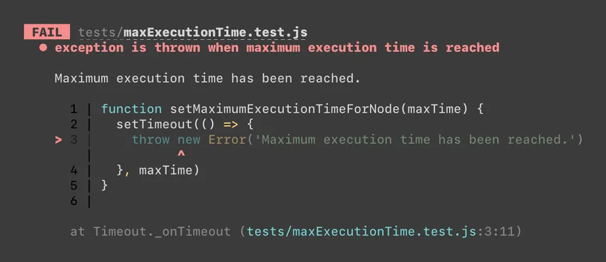 Jest output showing our test failed with an uncaught exception